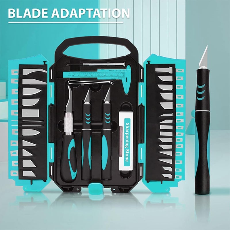 MANUFORE 34pcs Large Exacto Knife Set Blue Deluxe Craft Precision Knife Set Include 3pcs Craft Knives with Anti-Slip Rubber Grip, 25pcs Different Blades, 2pcs Needles, Sharpening Stone, Screwdriver - Image 4